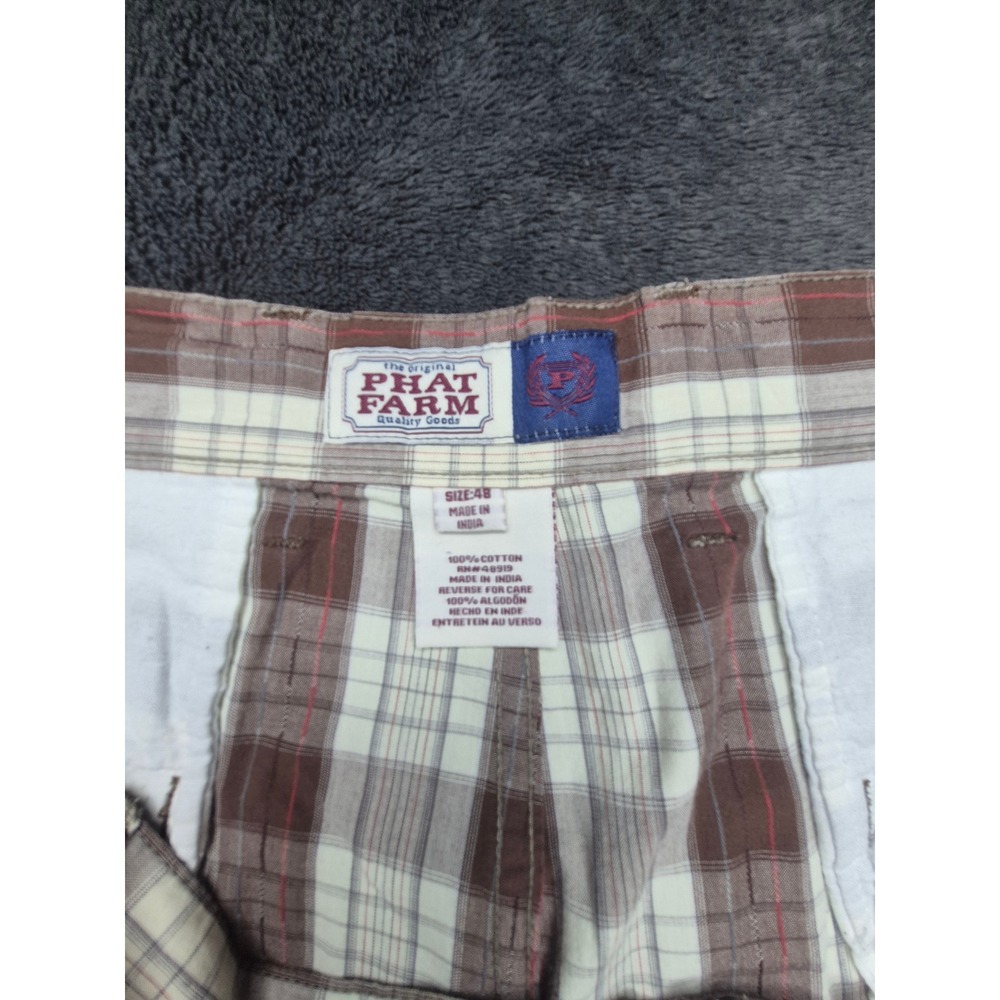 Phat Farm Mens Plaid Shorts Size 48 Brown Beige Casual Summer Beach